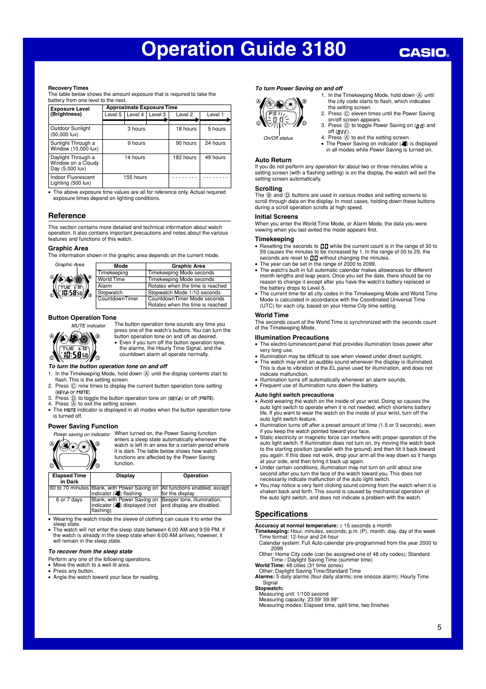 Reference, Specifications, Operation guide 3180 | G-Shock G-6900A-7DR User Manual | Page 5 / 6