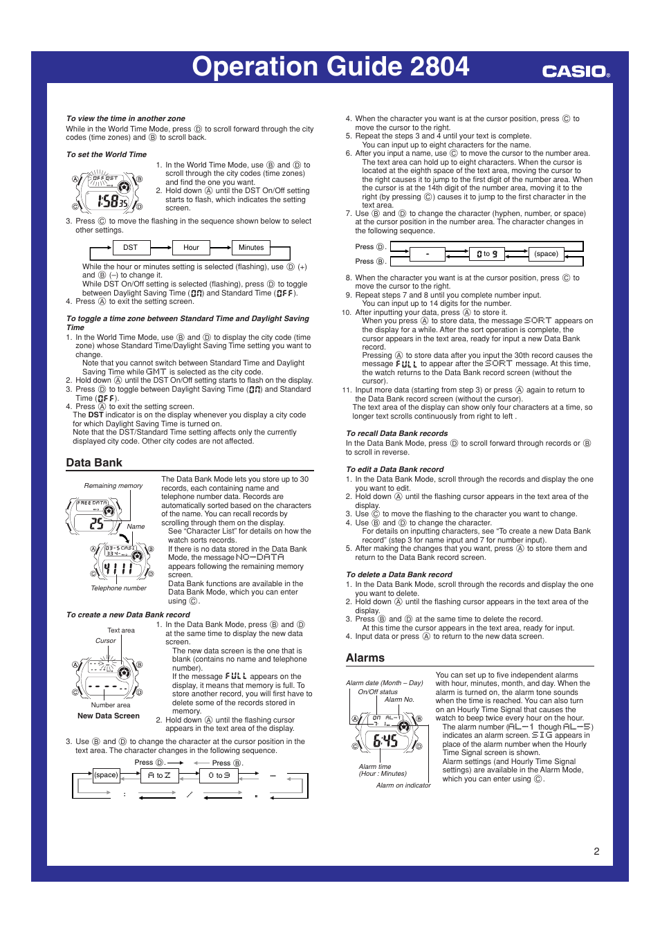 Data bank, Alarms, Operation guide 2804 | Casio 2804 User Manual | Page 2 / 6