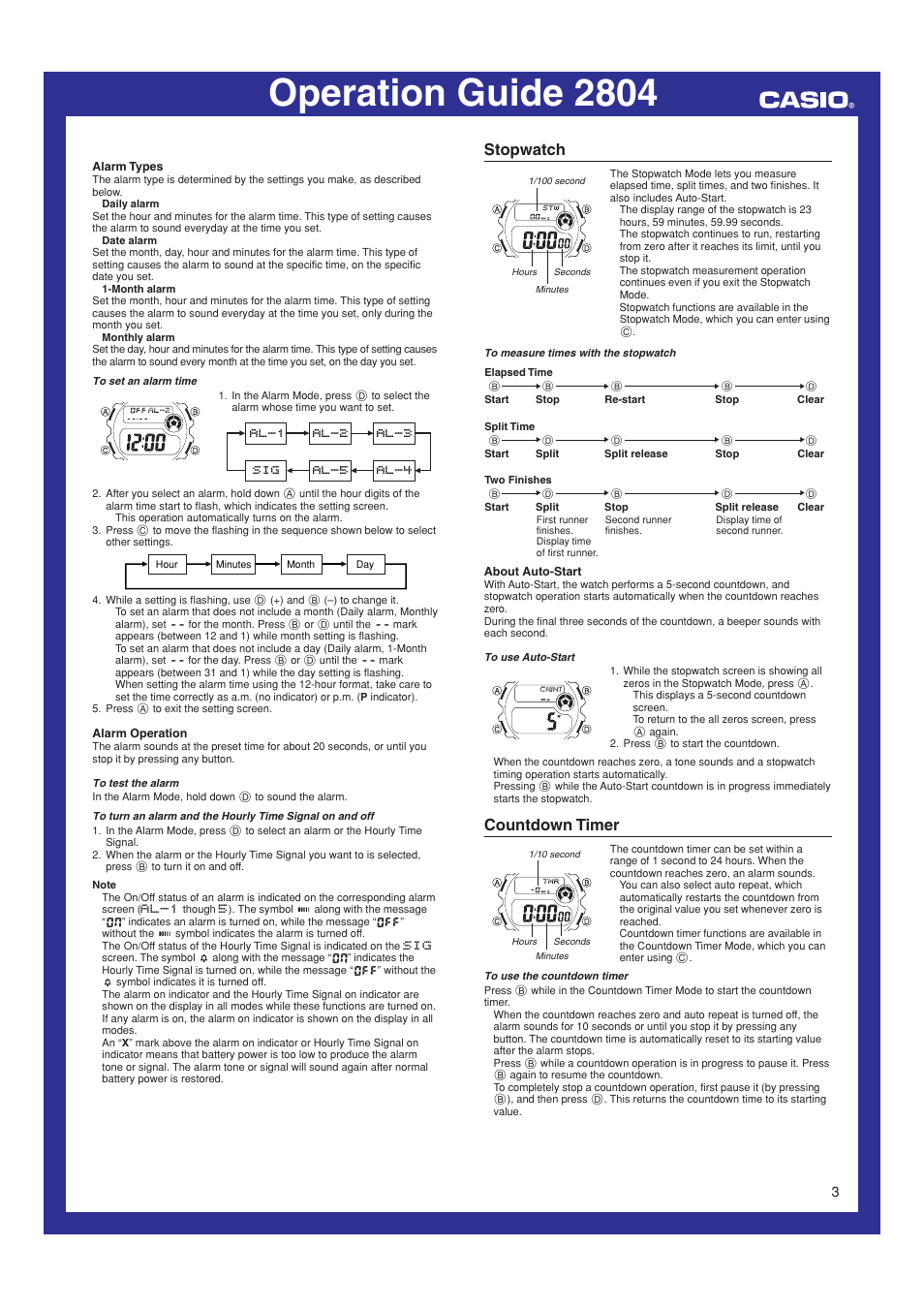 Stopwatch, Countdown timer, Operation guide 2804 | Casio 2804 User Manual | Page 3 / 6