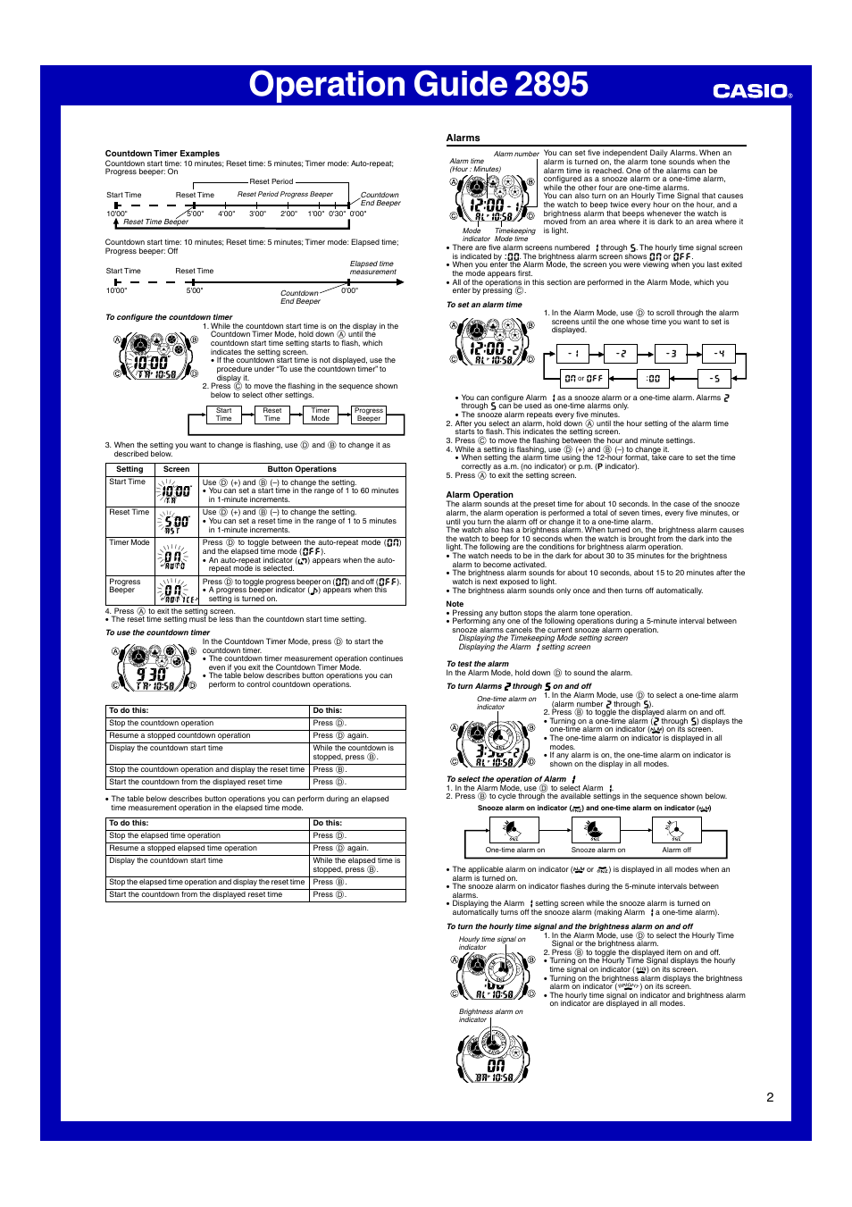 Alarms, Operation guide 2895 | G-Shock G-7302RL-1A User Manual | Page 2 / 4