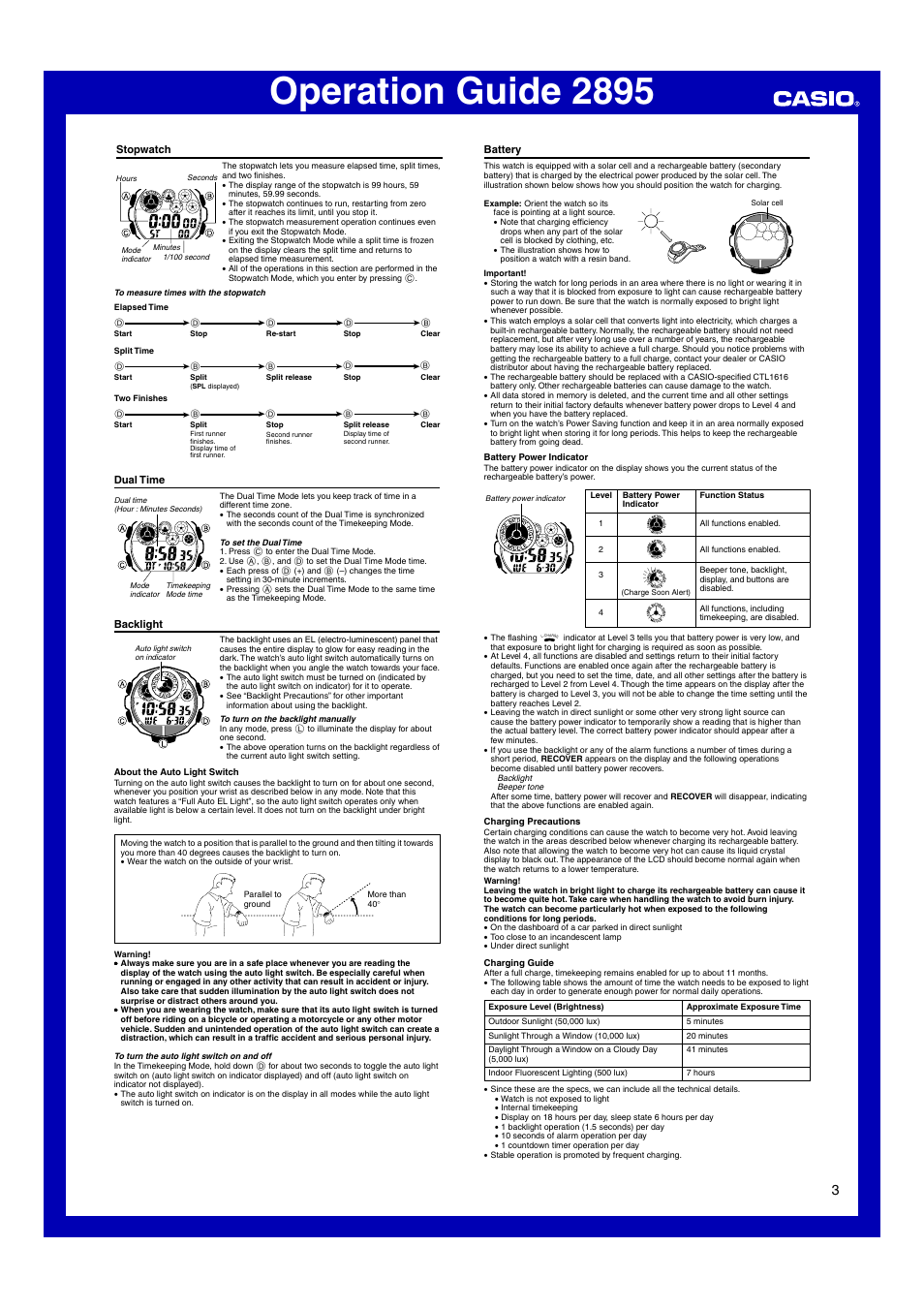 Stopwatch, Dual time, Backlight | Battery, Operation guide 2895 | G-Shock G-7302RL-1A User Manual | Page 3 / 4