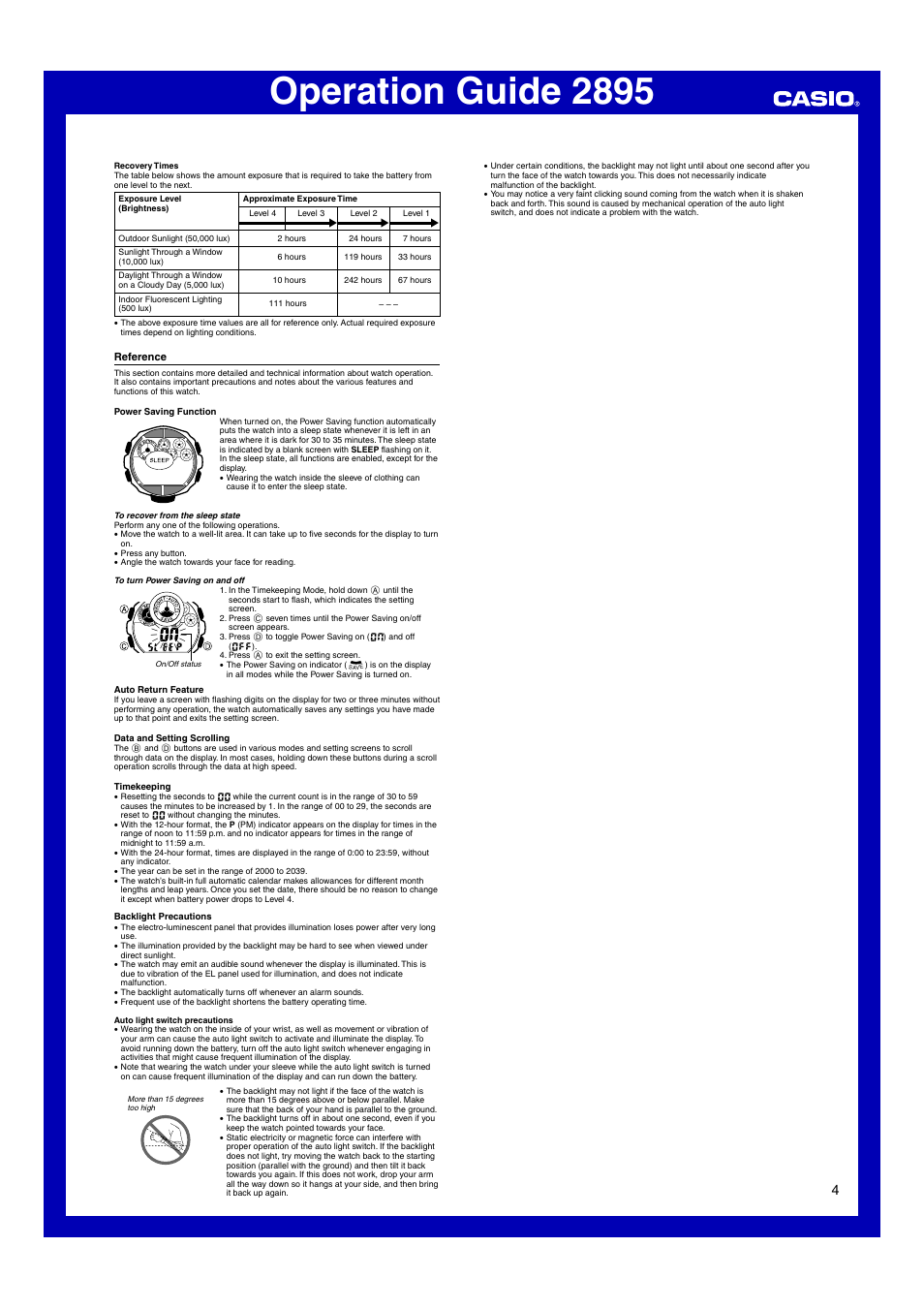 Reference, Operation guide 2895 | G-Shock G-7302RL-1A User Manual | Page 4 / 4