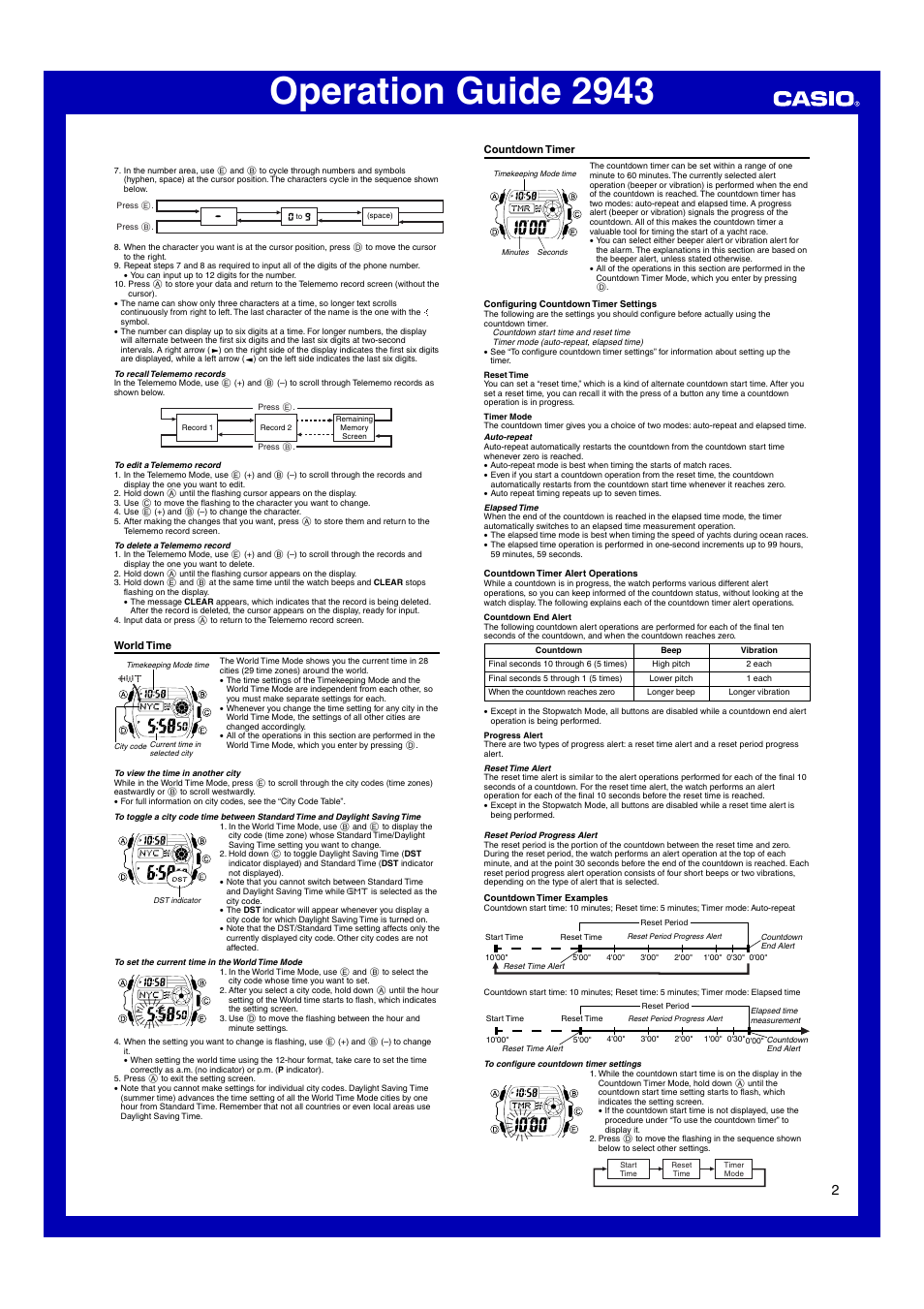 World time, Countdown timer, Operation guide 2943 | G-Shock G-7500-1 User Manual | Page 2 / 4