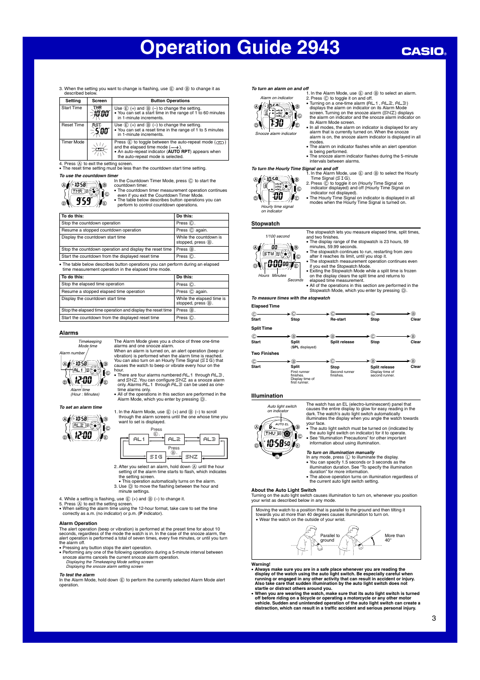 Alarms, Stopwatch, Illumination | Operation guide 2943 | G-Shock G-7500-1 User Manual | Page 3 / 4