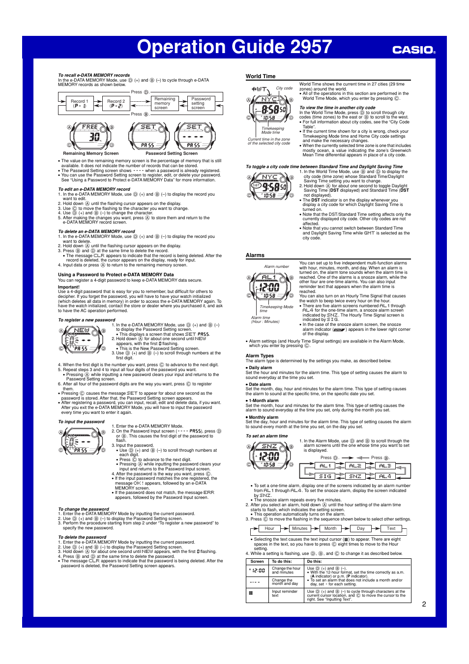 World time, Alarms, Operation guide 2957 | G-Shock G-7600-2V User Manual | Page 2 / 4