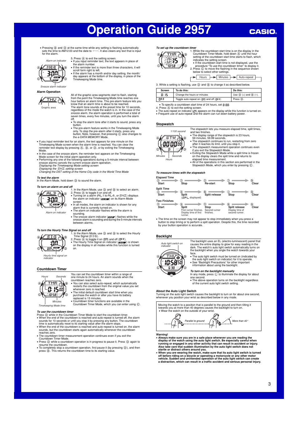 Countdown timer, Stopwatch, Backlight | Operation guide 2957 | G-Shock G-7600-2V User Manual | Page 3 / 4