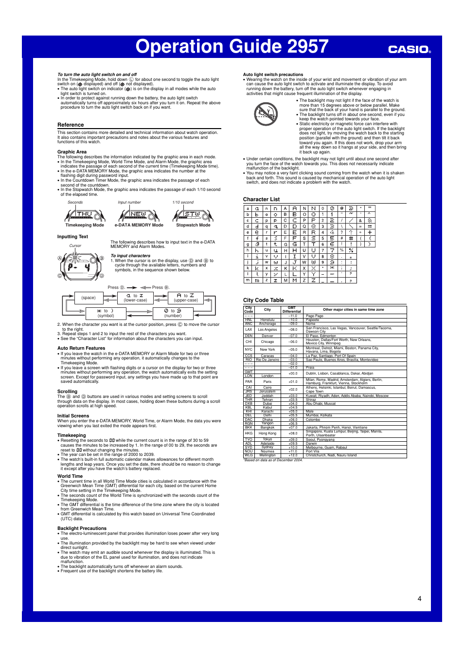 Reference, Character list, City code table | Operation guide 2957 | G-Shock G-7600-2V User Manual | Page 4 / 4