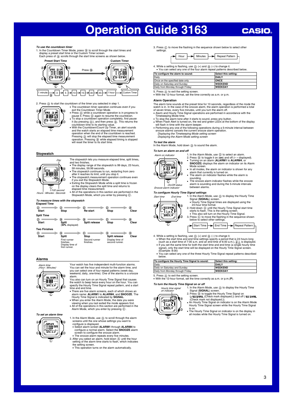 Stopwatch, Alarms, Operation guide 3163 | G-Shock G-7800-1 User Manual | Page 3 / 5