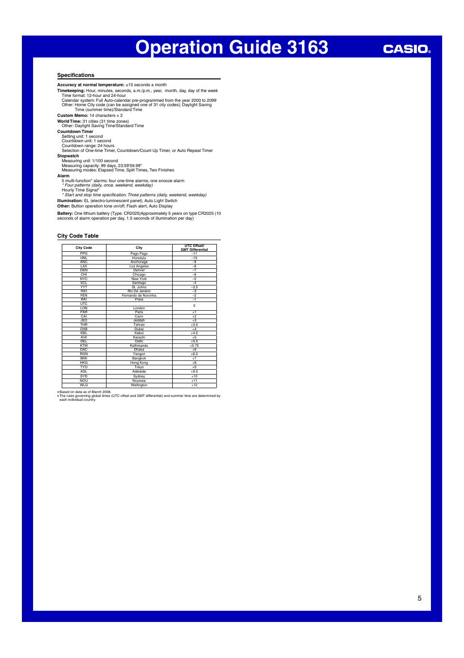 Specifications, City code table, Operation guide 3163 | Specifi cations | G-Shock G-7800-1 User Manual | Page 5 / 5