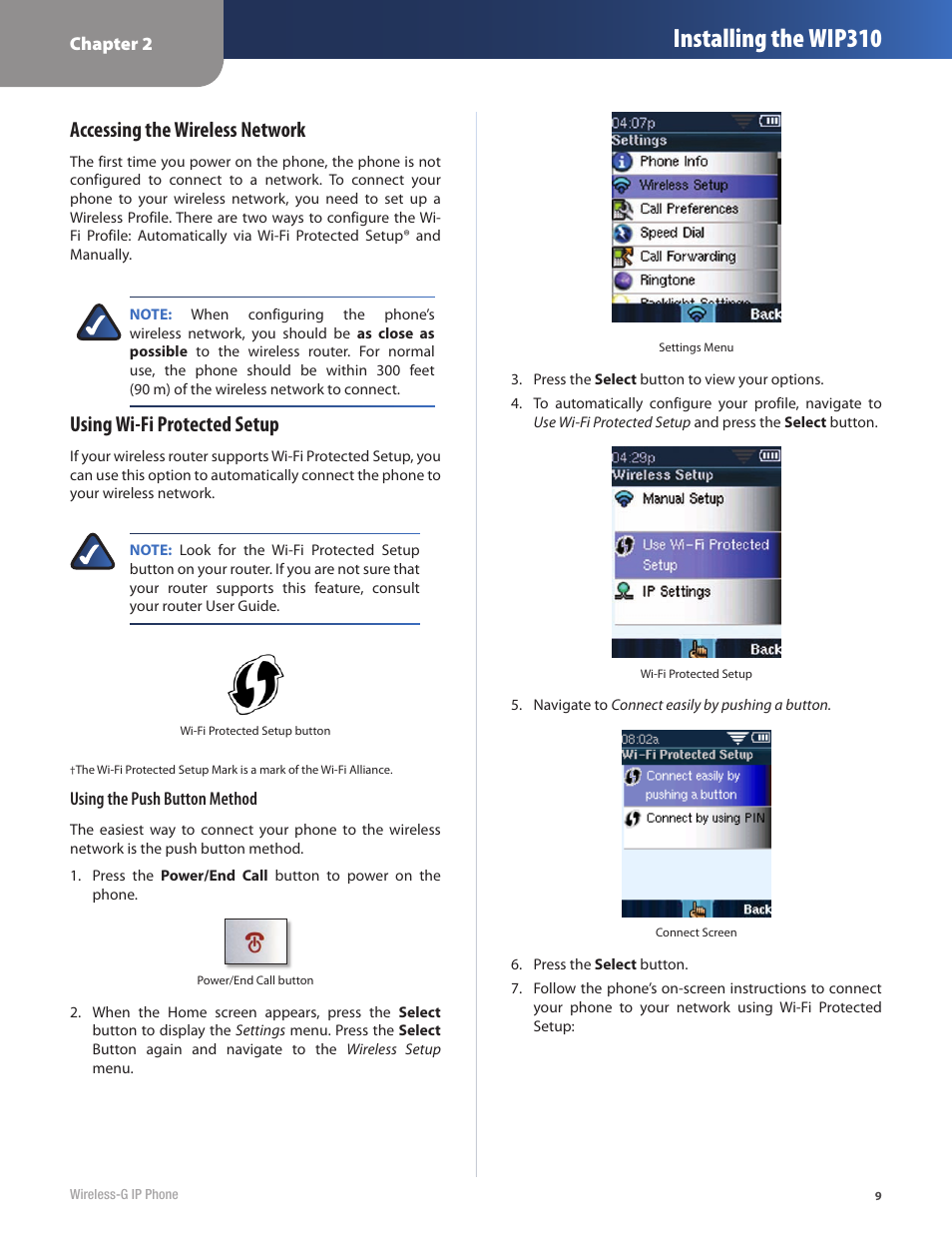 Installing the wip310, Accessing the wireless network, Using wi-fi protected setup | Cisco WIP310 User Manual | Page 13 / 56