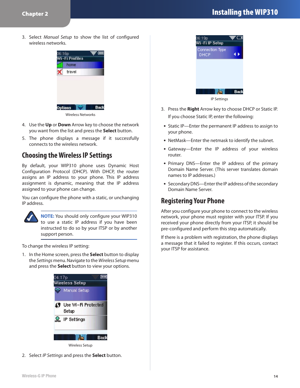 Installing the wip310, Choosing the wireless ip settings, Registering your phone | Cisco WIP310 User Manual | Page 18 / 56