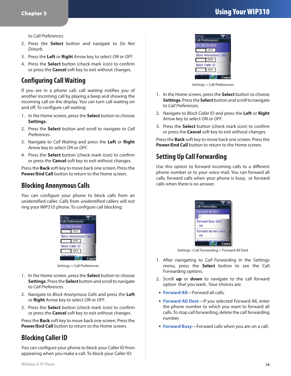 Using your wip310, Configuring call waiting, Blocking anonymous calls | Blocking caller id, Setting up call forwarding | Cisco WIP310 User Manual | Page 22 / 56