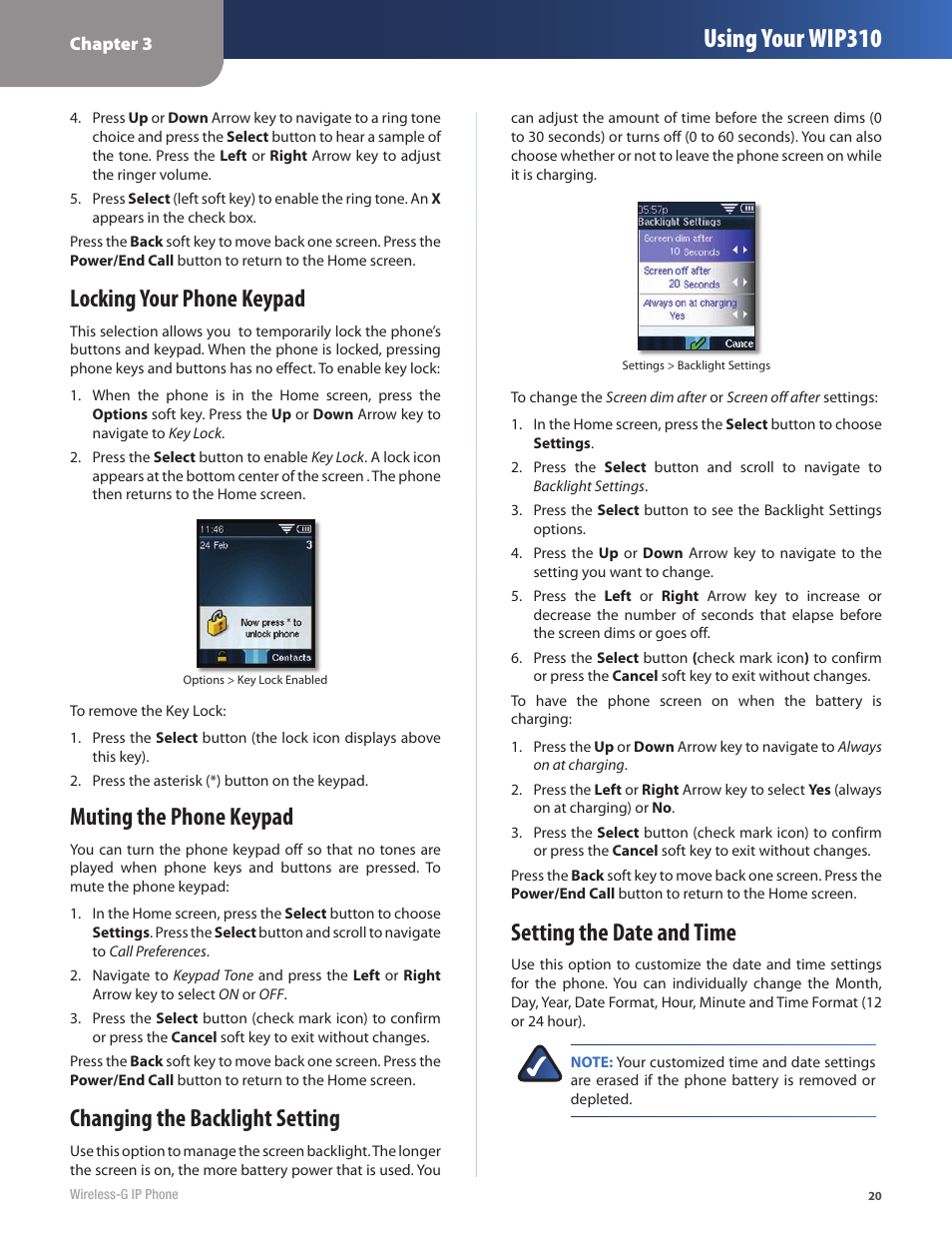 Setting the date and time, Using your wip310, Locking your phone keypad | Muting the phone keypad, Changing the backlight setting | Cisco WIP310 User Manual | Page 24 / 56