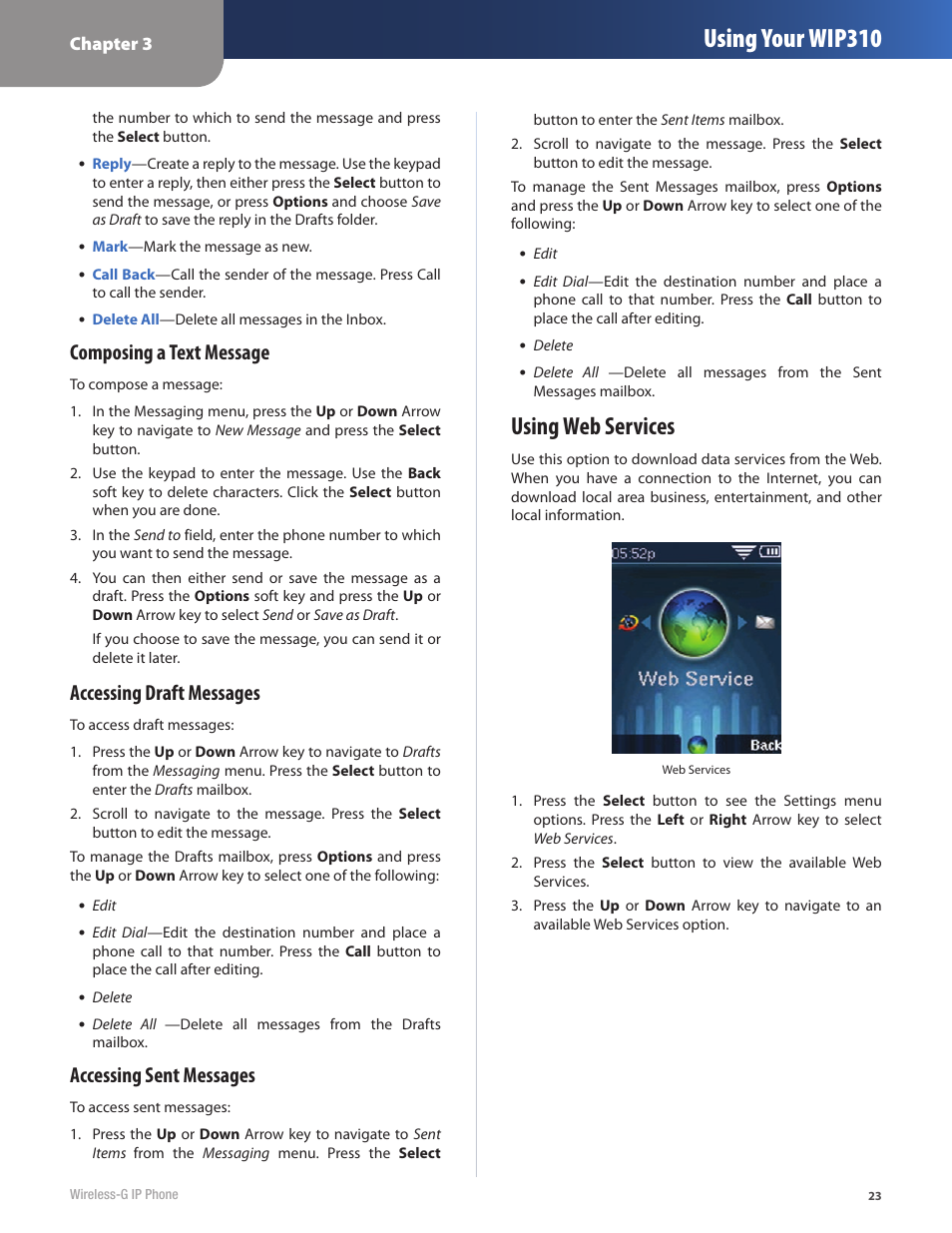Using your wip310, Using web services, Composing a text message | Accessing draft messages, Accessing sent messages | Cisco WIP310 User Manual | Page 27 / 56