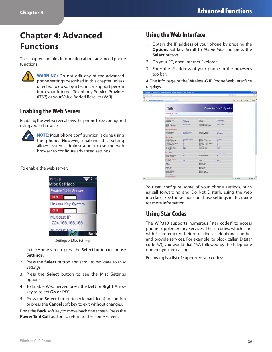 Using star codes, Chapter 4: advanced functions, Advanced functions | Enabling the web server, Using the web interface | Cisco WIP310 User Manual | Page 30 / 56