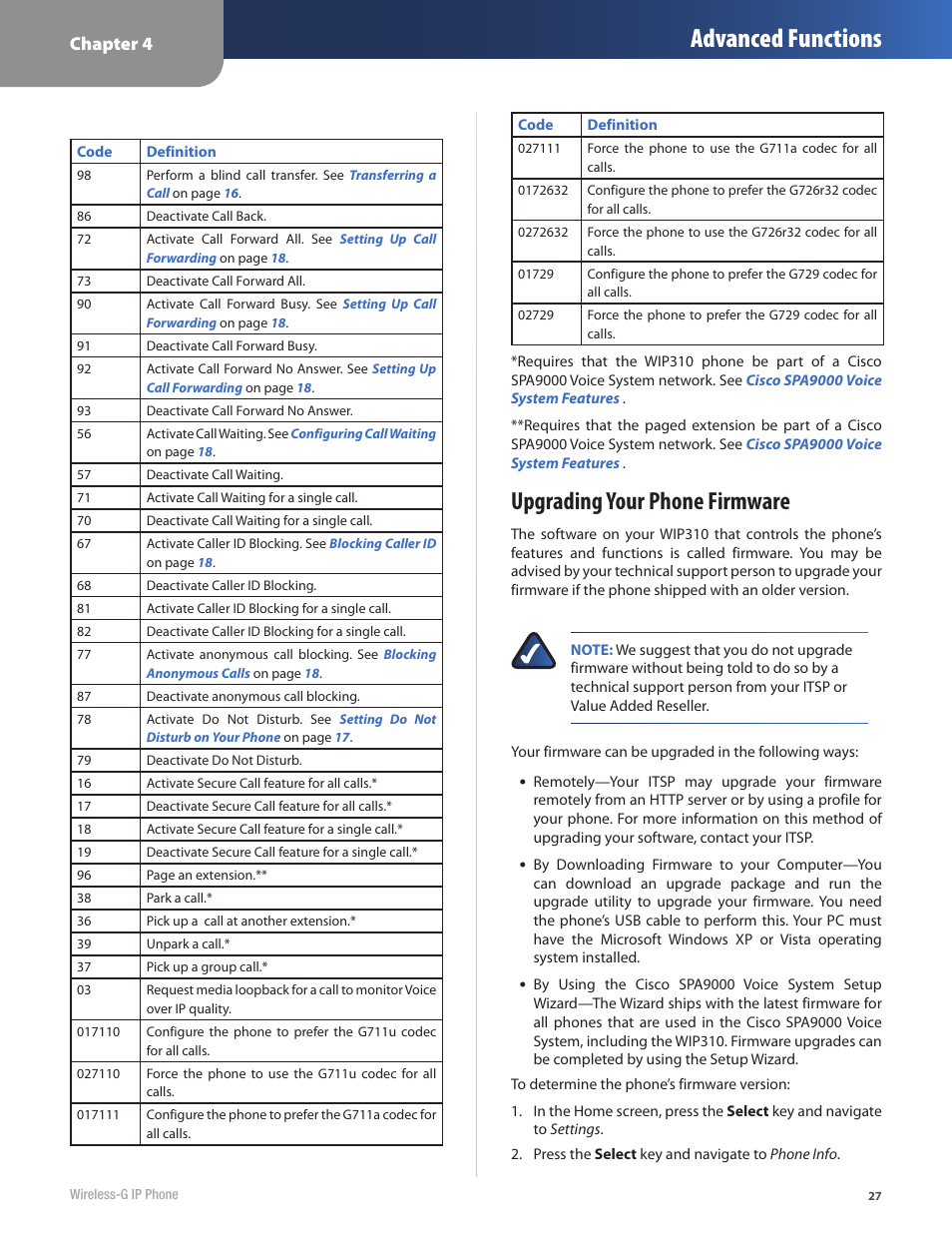Advanced functions, Upgrading your phone firmware, Chapter 4 | Cisco WIP310 User Manual | Page 31 / 56