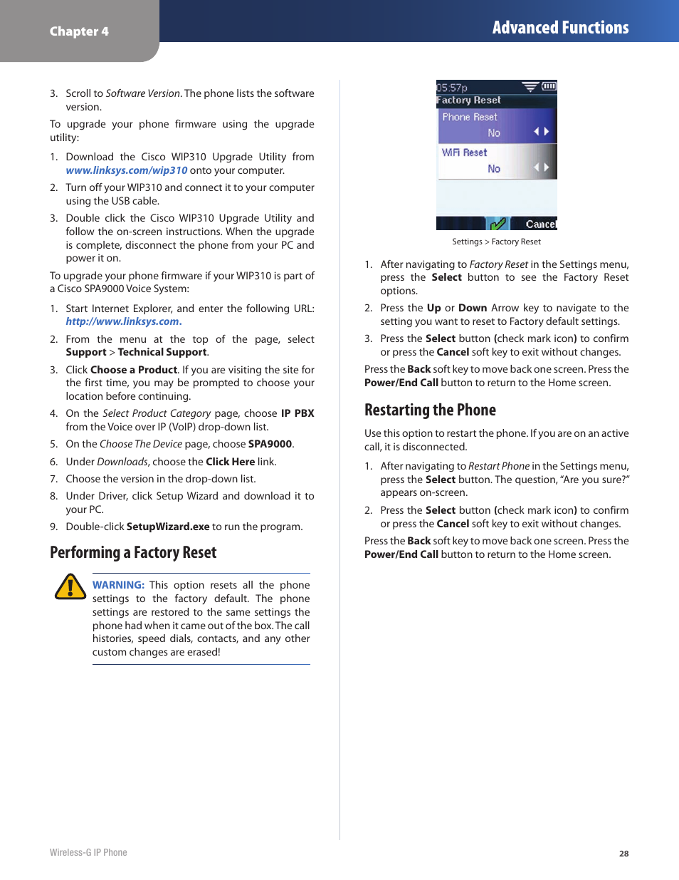 Advanced functions, Performing a factory reset, Restarting the phone | Cisco WIP310 User Manual | Page 32 / 56