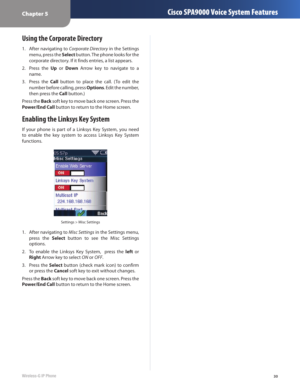 Cisco spa9000 voice, System features, Cisco spa9000 voice system features | Using the corporate directory, Enabling the linksys key system | Cisco WIP310 User Manual | Page 34 / 56