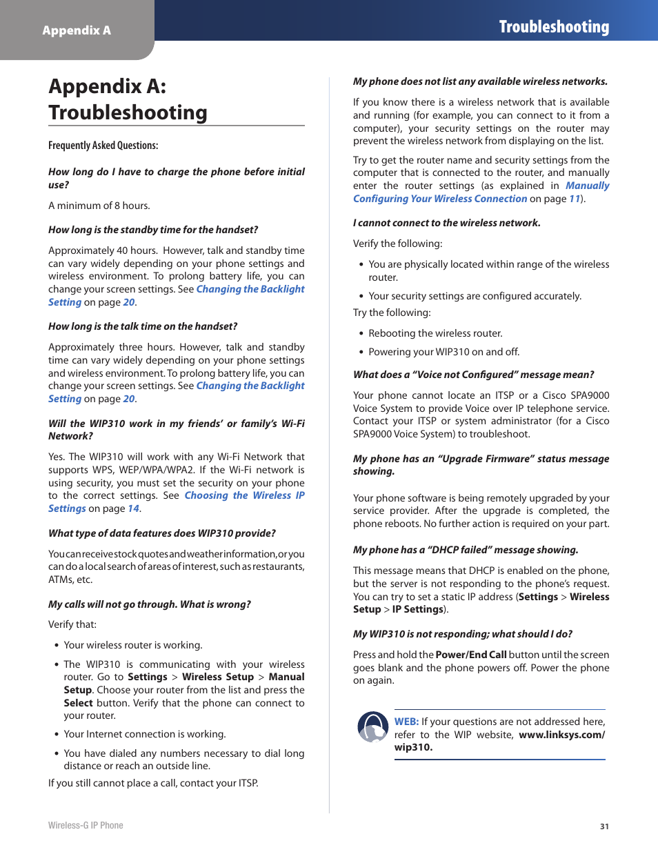 Appendix a: troubleshooting, Troubleshooting | Cisco WIP310 User Manual | Page 35 / 56