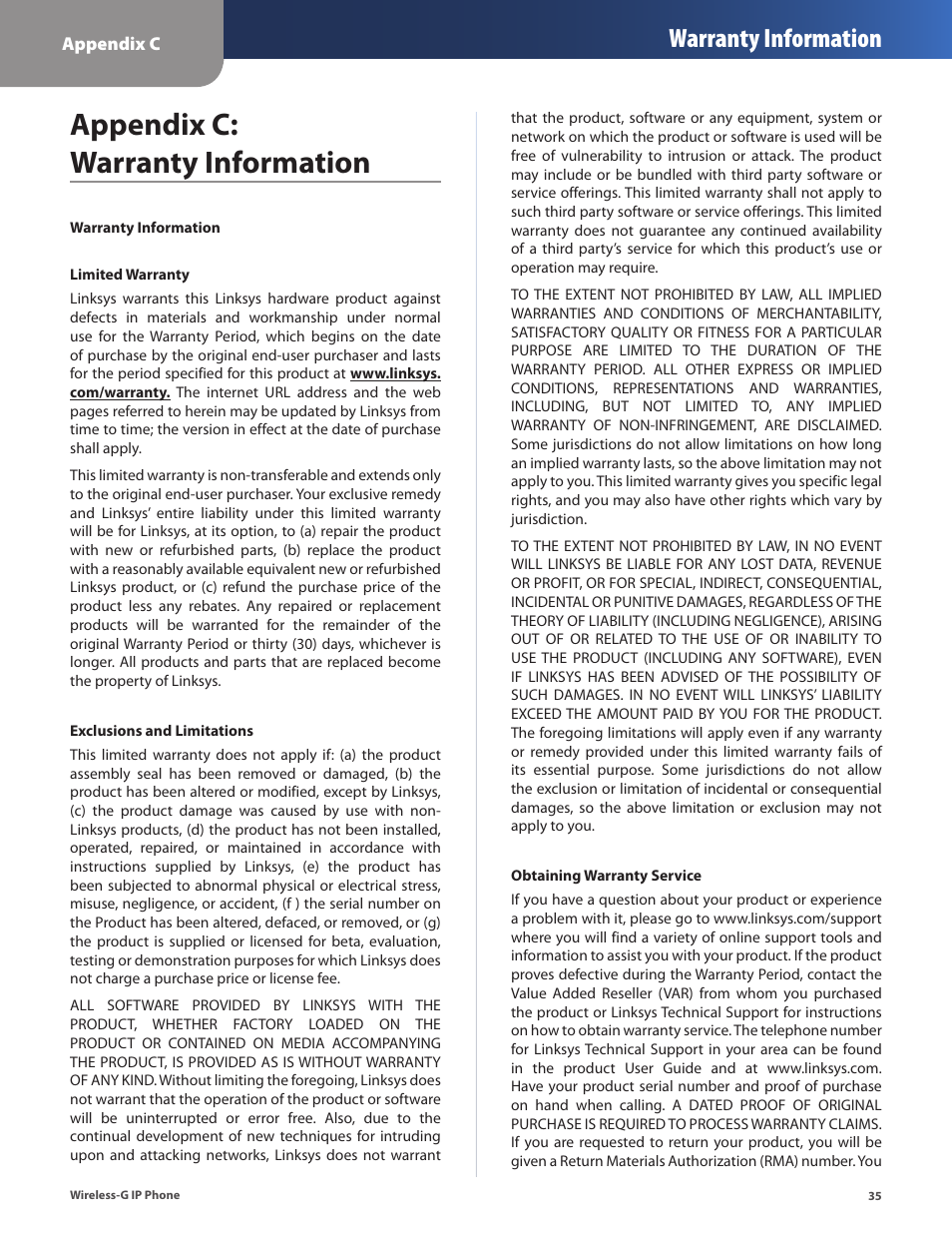 Appendix c: warranty information, Warranty information | Cisco WIP310 User Manual | Page 39 / 56