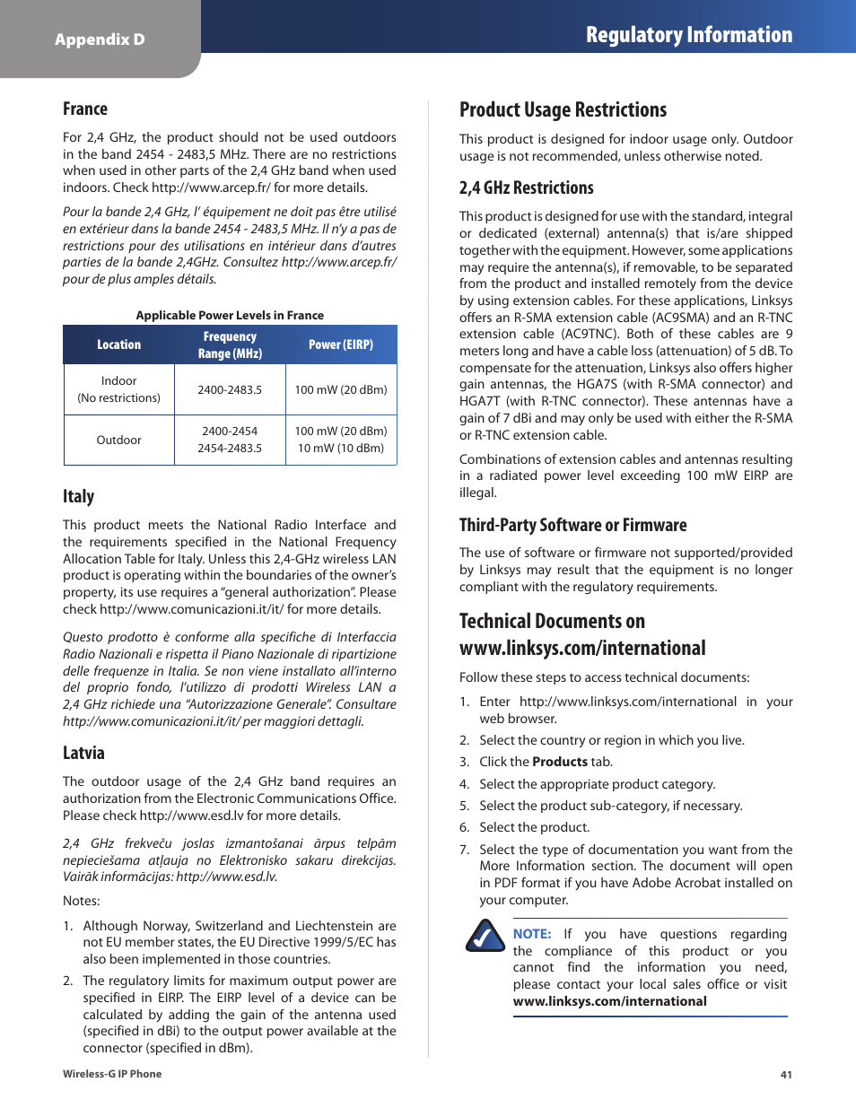 Regulatory information, Product usage restrictions, France | Italy, Latvia, 2,4 ghz restrictions, Third-party software or firmware | Cisco WIP310 User Manual | Page 45 / 56