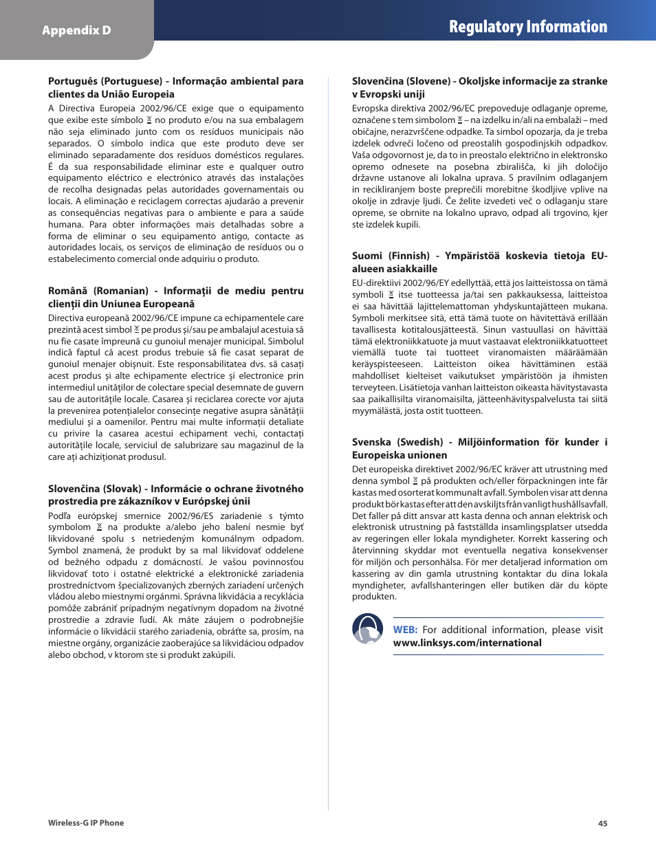 Regulatory information, Appendix d | Cisco WIP310 User Manual | Page 49 / 56
