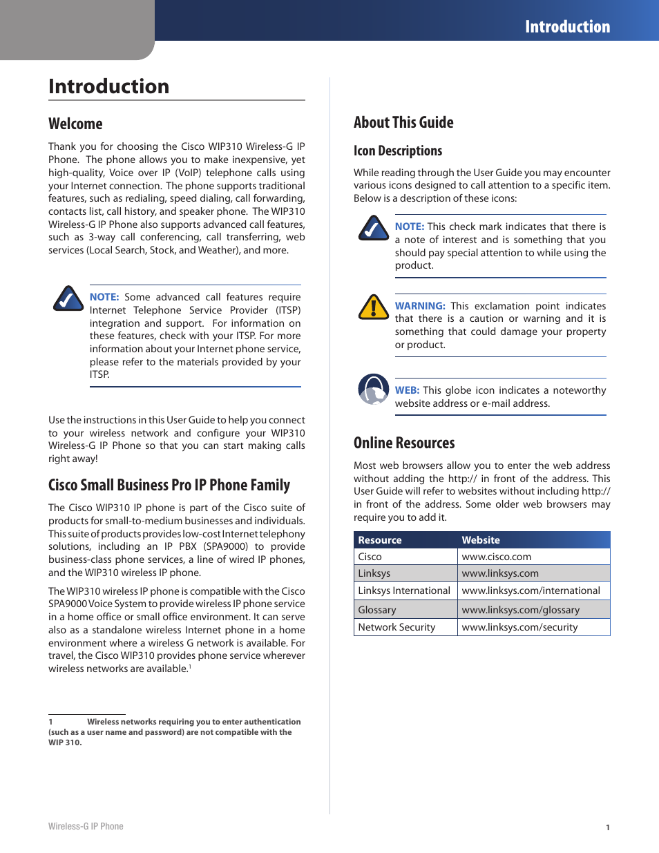 Introduction, Welcome, Cisco small business pro ip phone family | About this guide, Online resources, Icon descriptions | Cisco WIP310 User Manual | Page 5 / 56