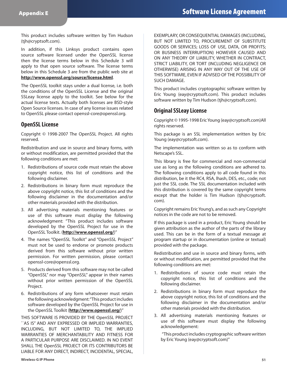 Software license agreement, Openssl license, Original ssleay license | Cisco WIP310 User Manual | Page 55 / 56