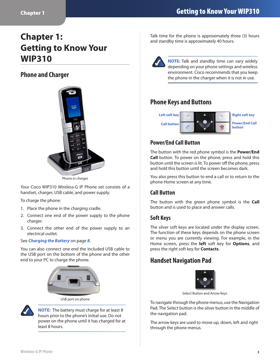 Chapter 1: getting to know your wip310, Getting to know your wip310, Phone and charger | Phone keys and buttons, Handset navigation pad, Power/end call button, Call button, Soft keys | Cisco WIP310 User Manual | Page 7 / 56
