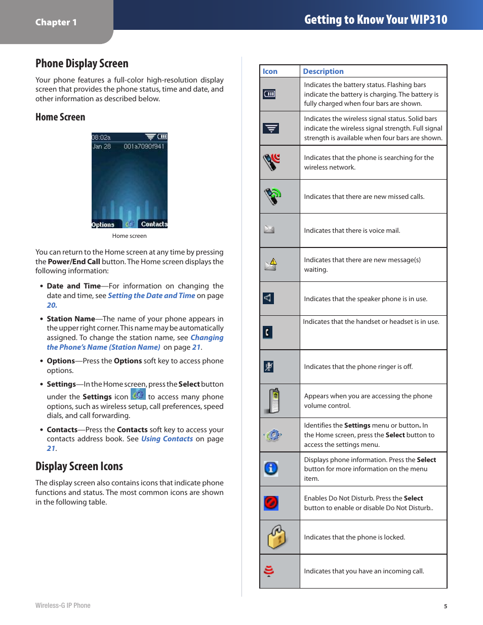 Getting to know your wip310, Phone display screen, Display screen icons | Home screen | Cisco WIP310 User Manual | Page 9 / 56