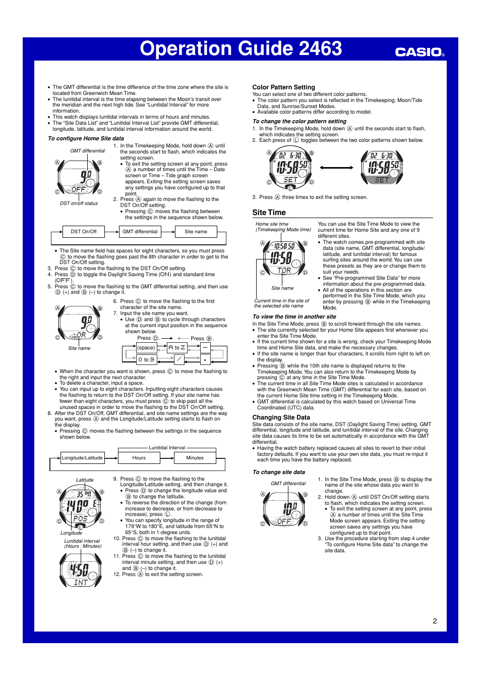 Site time, Operation guide 2463 | G-Shock GL-150-2 User Manual | Page 2 / 7