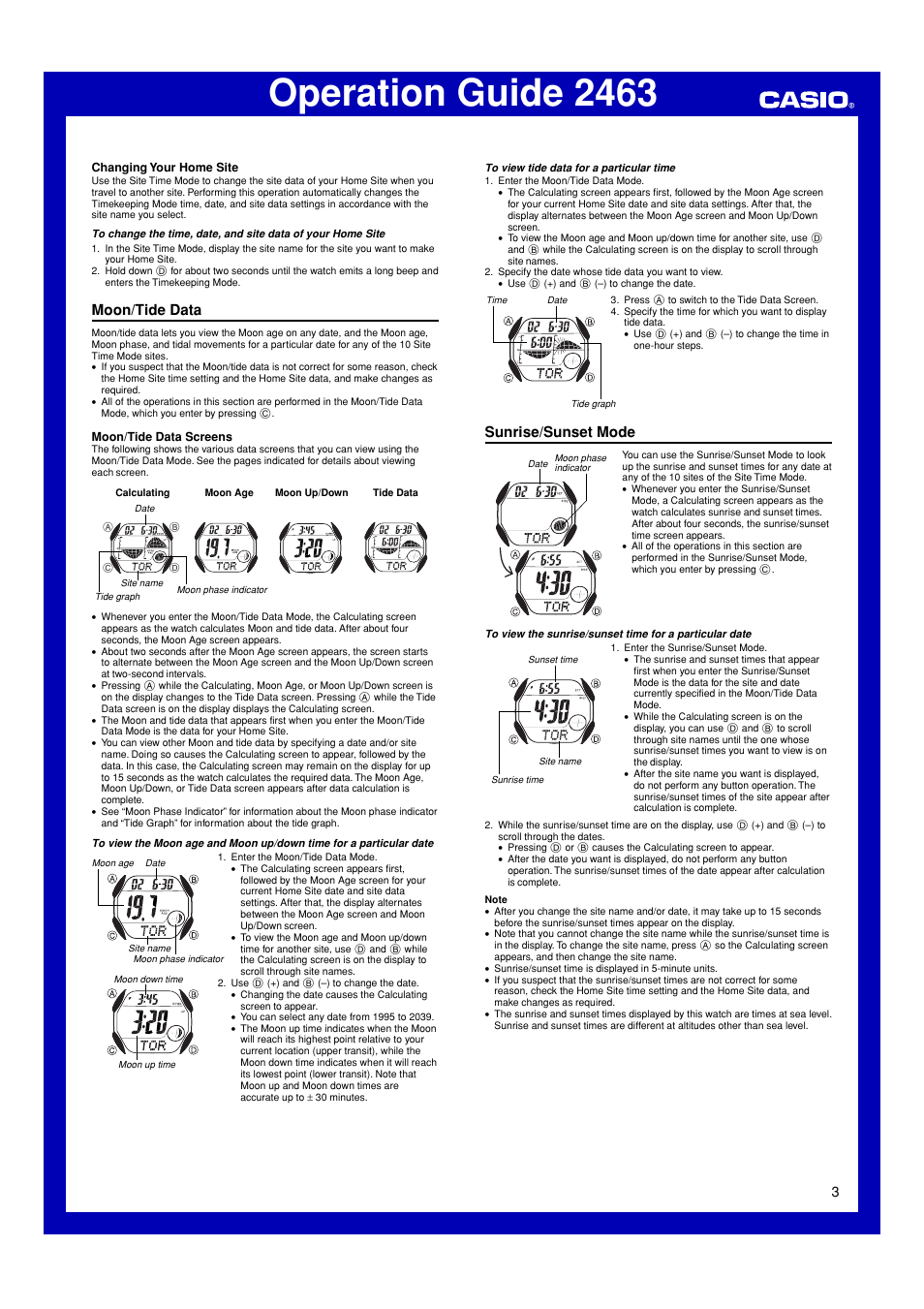 Moon/tide data, Sunrise/sunset mode, Operation guide 2463 | G-Shock GL-150-2 User Manual | Page 3 / 7