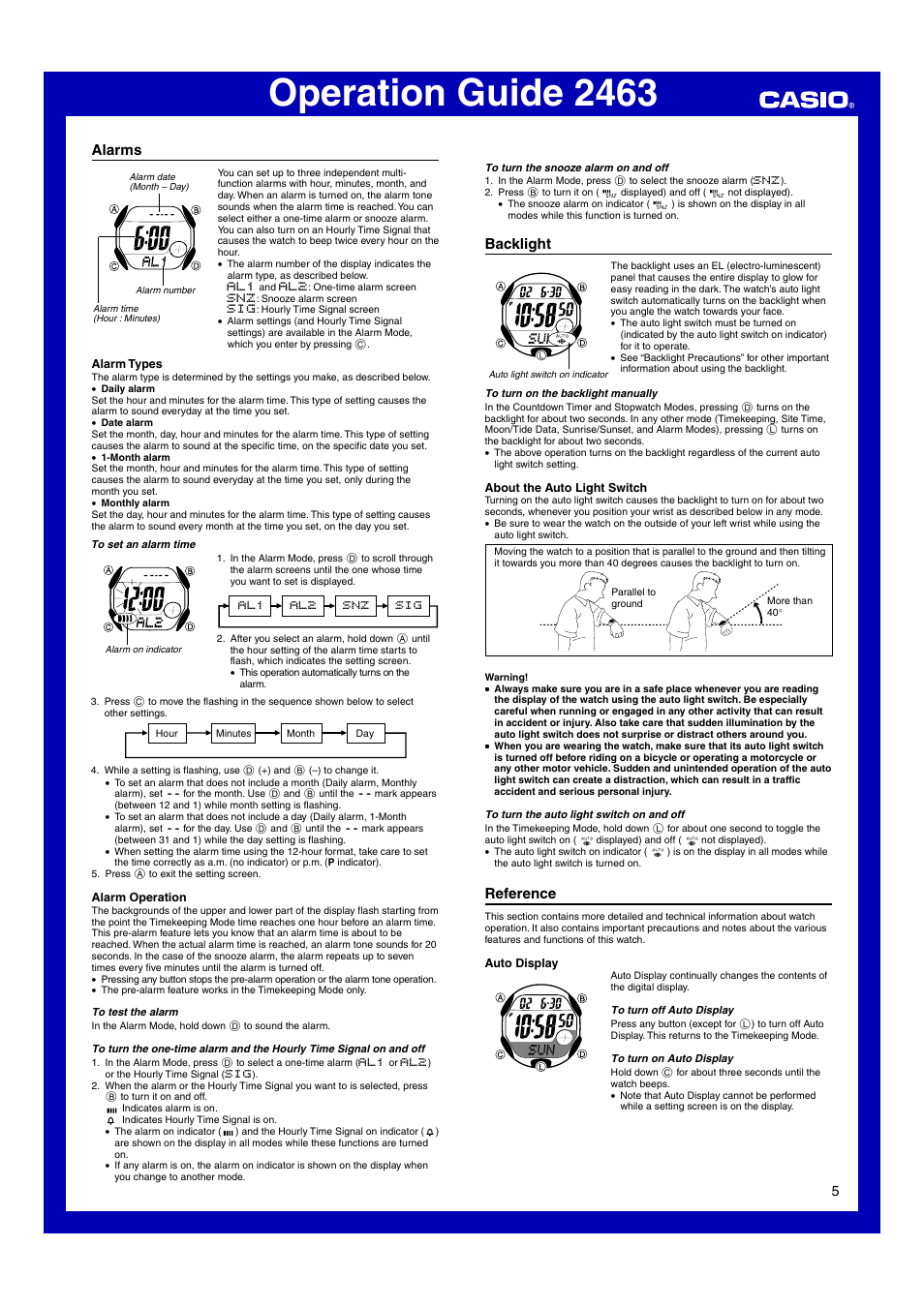 Alarms, Backlight, Reference | Operation guide 2463 | G-Shock GL-150-2 User Manual | Page 5 / 7