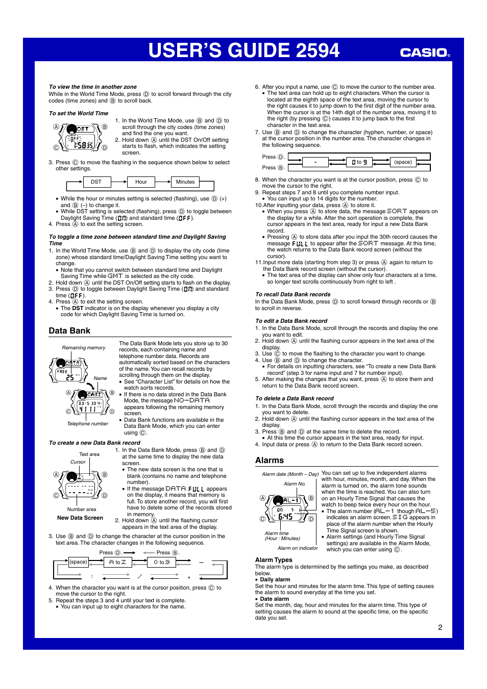 Data bank, Alarms, User’s guide 2594 | G-Shock GL-170-8JR User Manual | Page 2 / 6