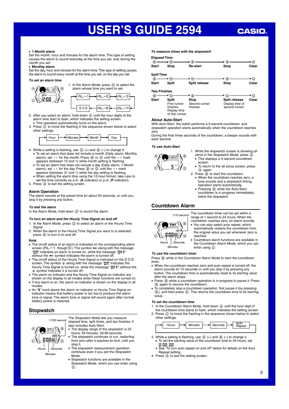 Stopwatch, Countdown alarm, User’s guide 2594 | G-Shock GL-170-8JR User Manual | Page 3 / 6