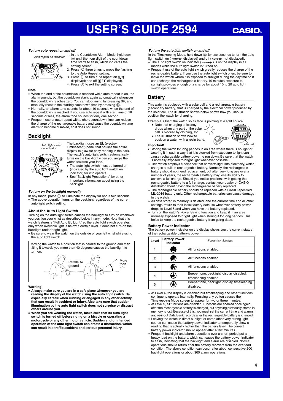 Backlight, Battery, User’s guide 2594 | G-Shock GL-170-8JR User Manual | Page 4 / 6