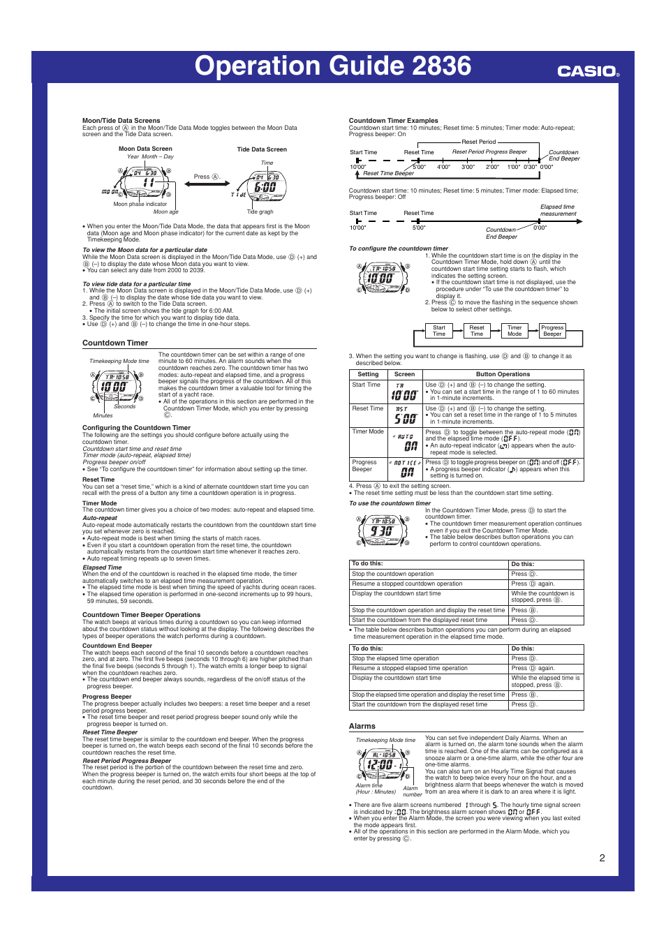 Countdown timer, Alarms, Operation guide 2836 | G-Shock GL-220-1 User Manual | Page 2 / 5