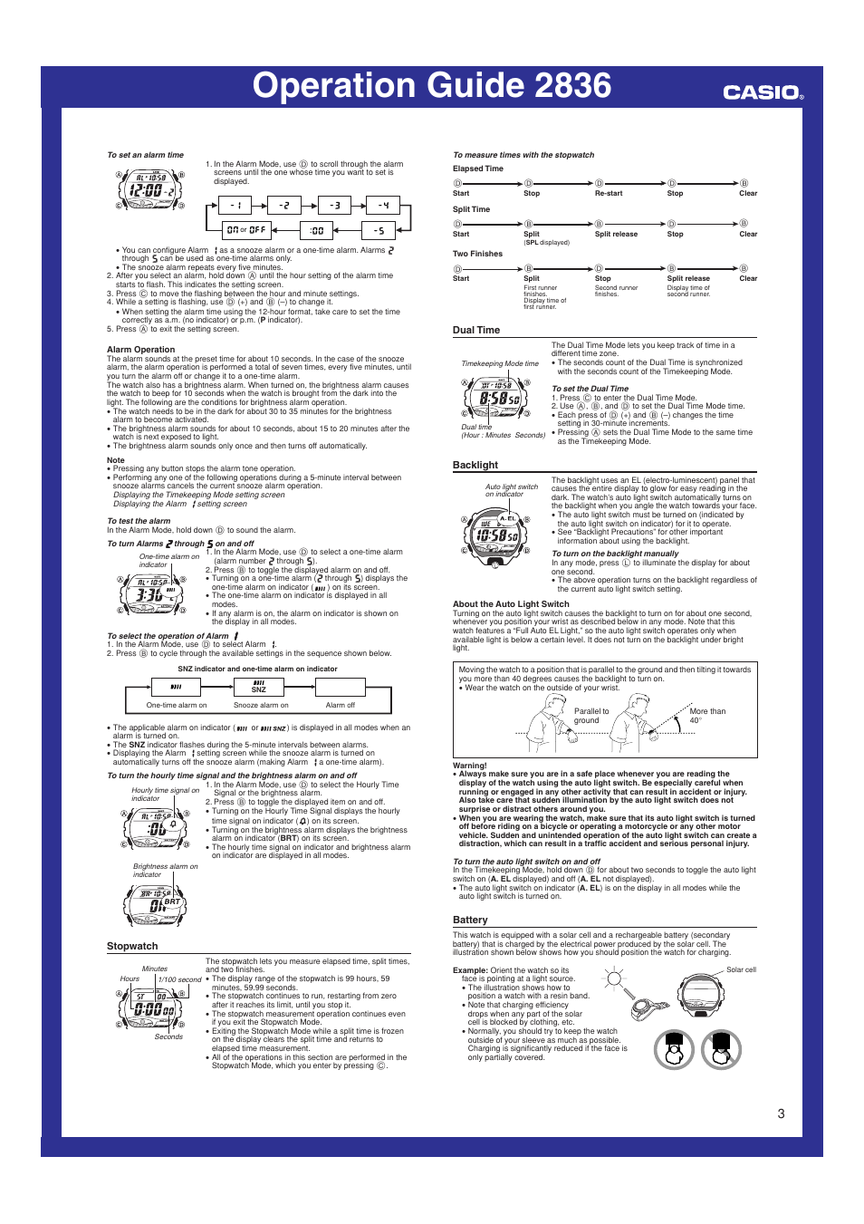 Stopwatch, Dual time, Backlight | Battery, Operation guide 2836 | G-Shock GL-220-1 User Manual | Page 3 / 5