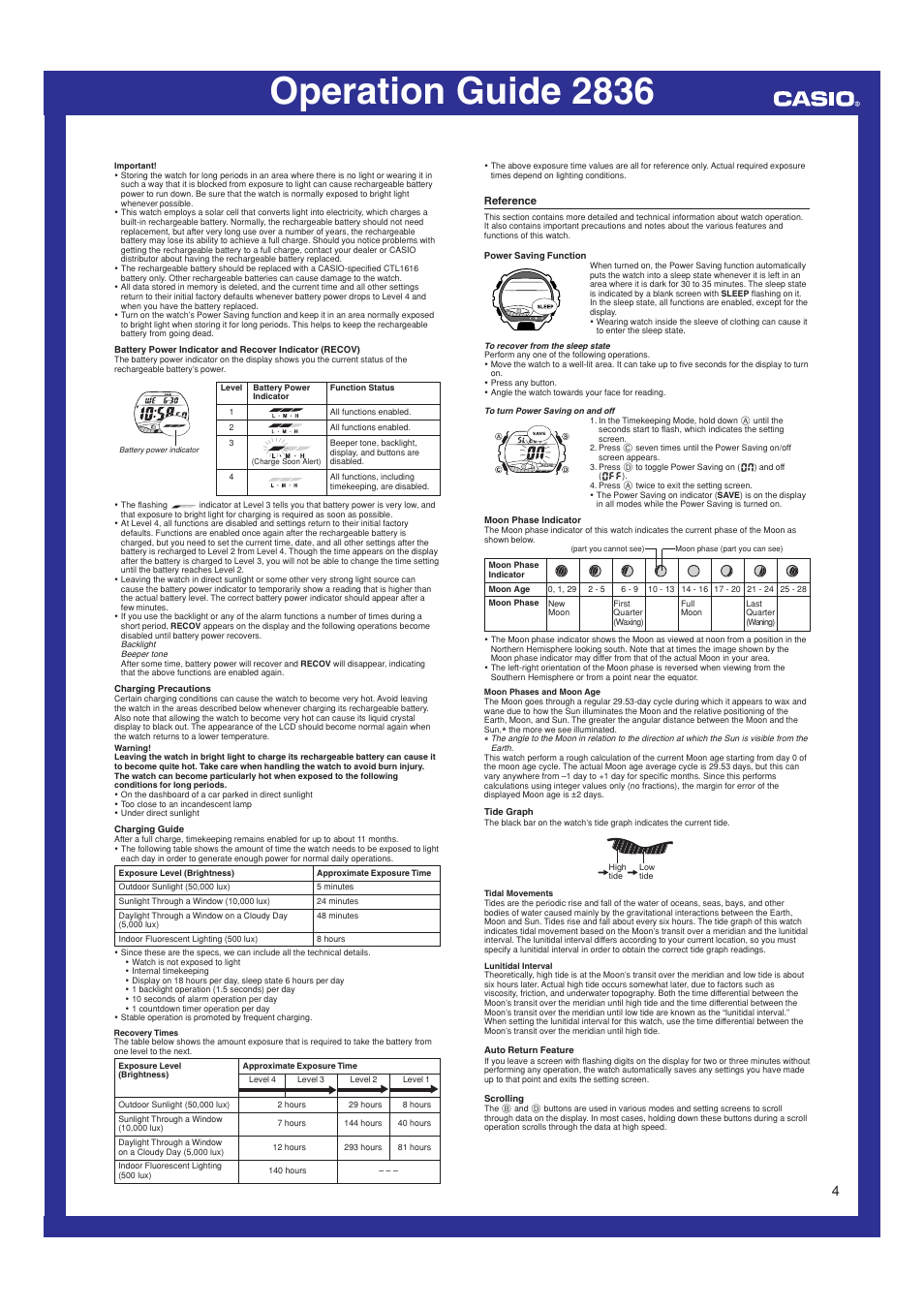 Reference, Operation guide 2836 | G-Shock GL-220-1 User Manual | Page 4 / 5