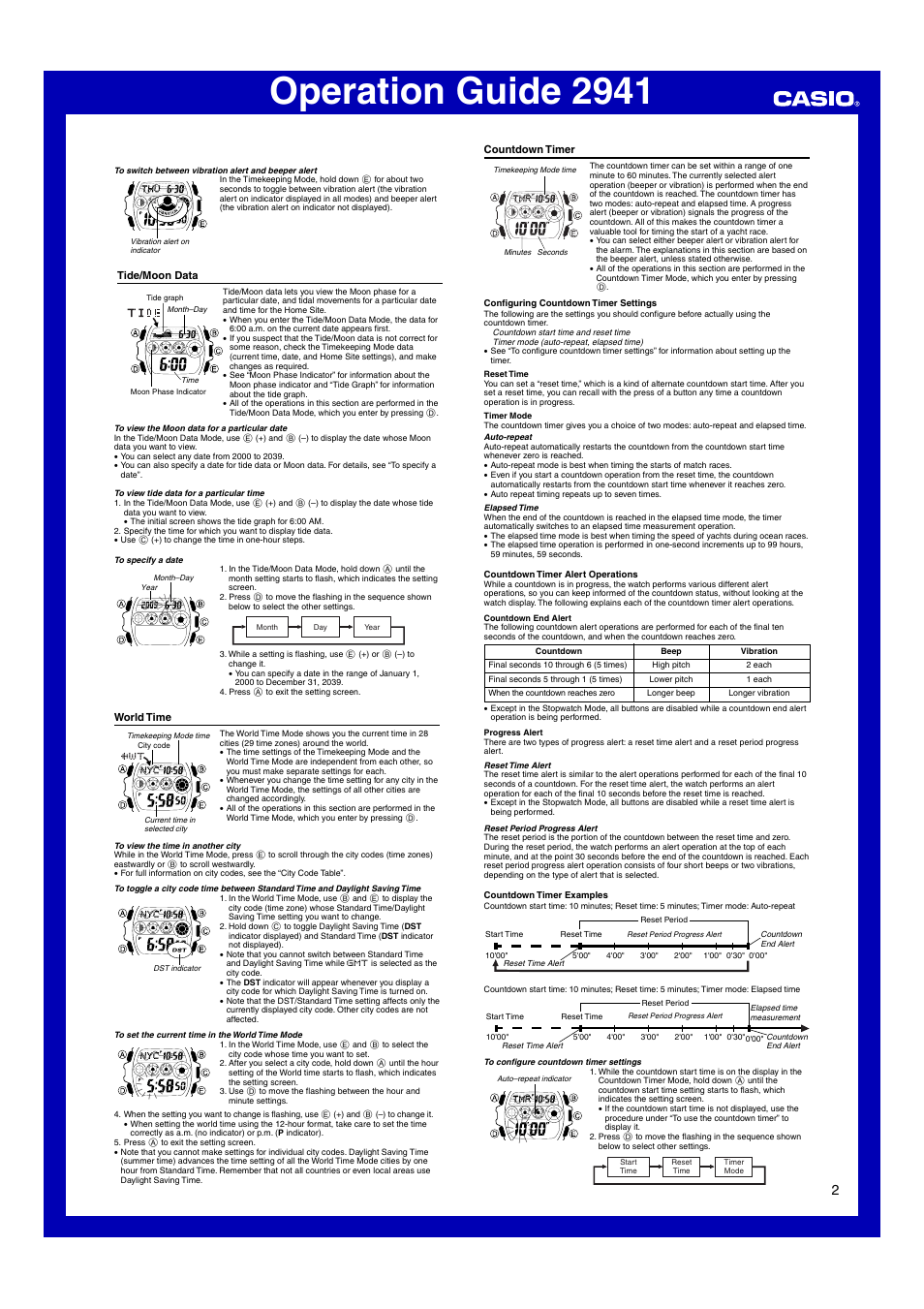 Tide/moon data, World time, Countdown timer | Operation guide 2941 | G-Shock GL-7500-2AV User Manual | Page 2 / 5