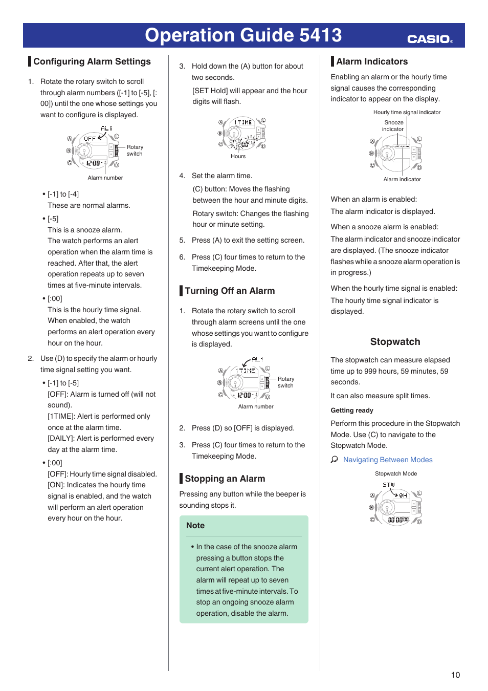 Configuring alarm settings, Turning off an alarm, Stopping an alarm | Alarm indicators, Stopwatch, Operation guide 5413 | G-Shock GBA-400-1A User Manual | Page 10 / 18