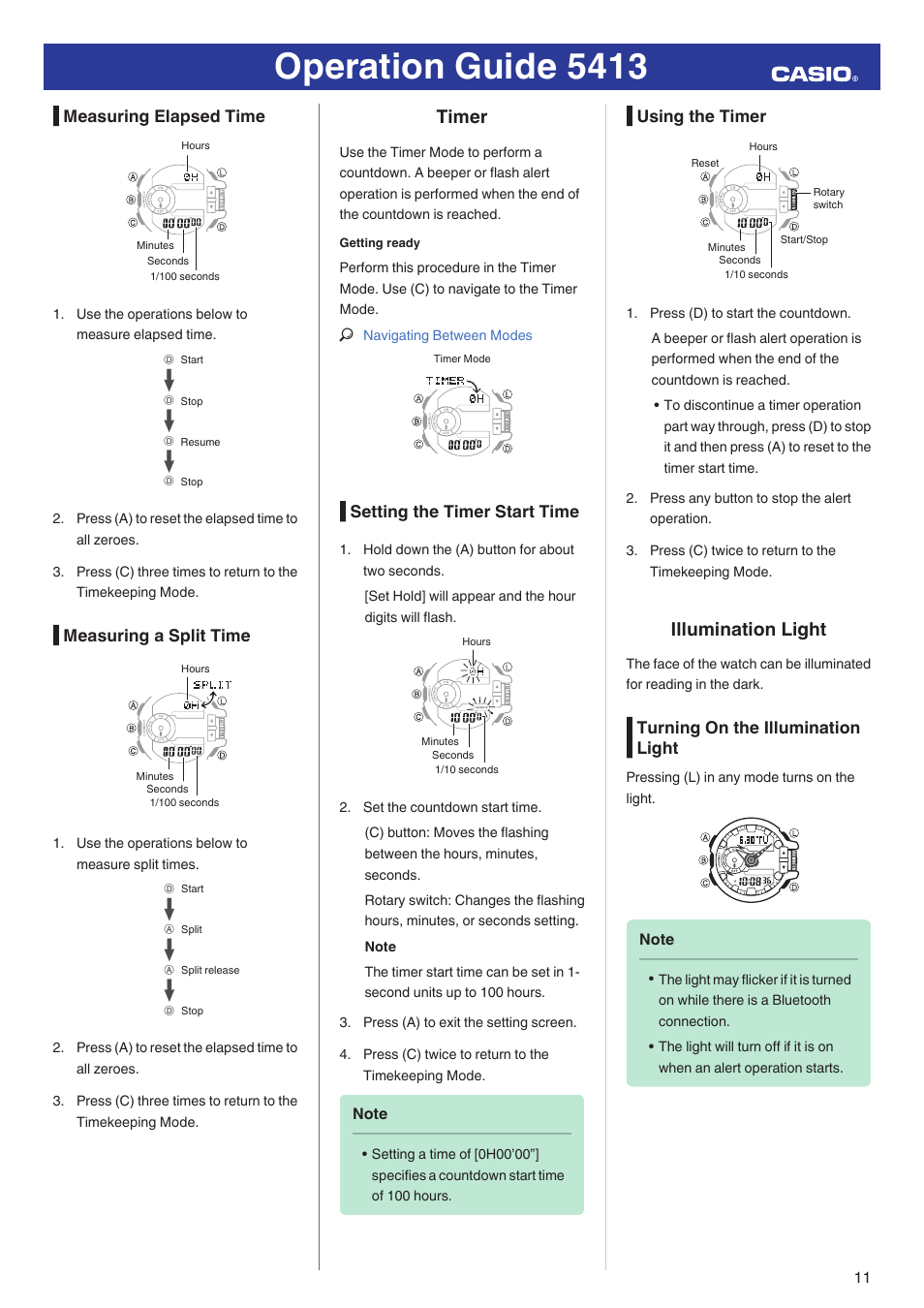 Measuring elapsed time, Measuring a split time, Timer | Setting the timer start time, Using the timer, Illumination light, Turning on the illumination light, Operation guide 5413 | G-Shock GBA-400-1A User Manual | Page 11 / 18