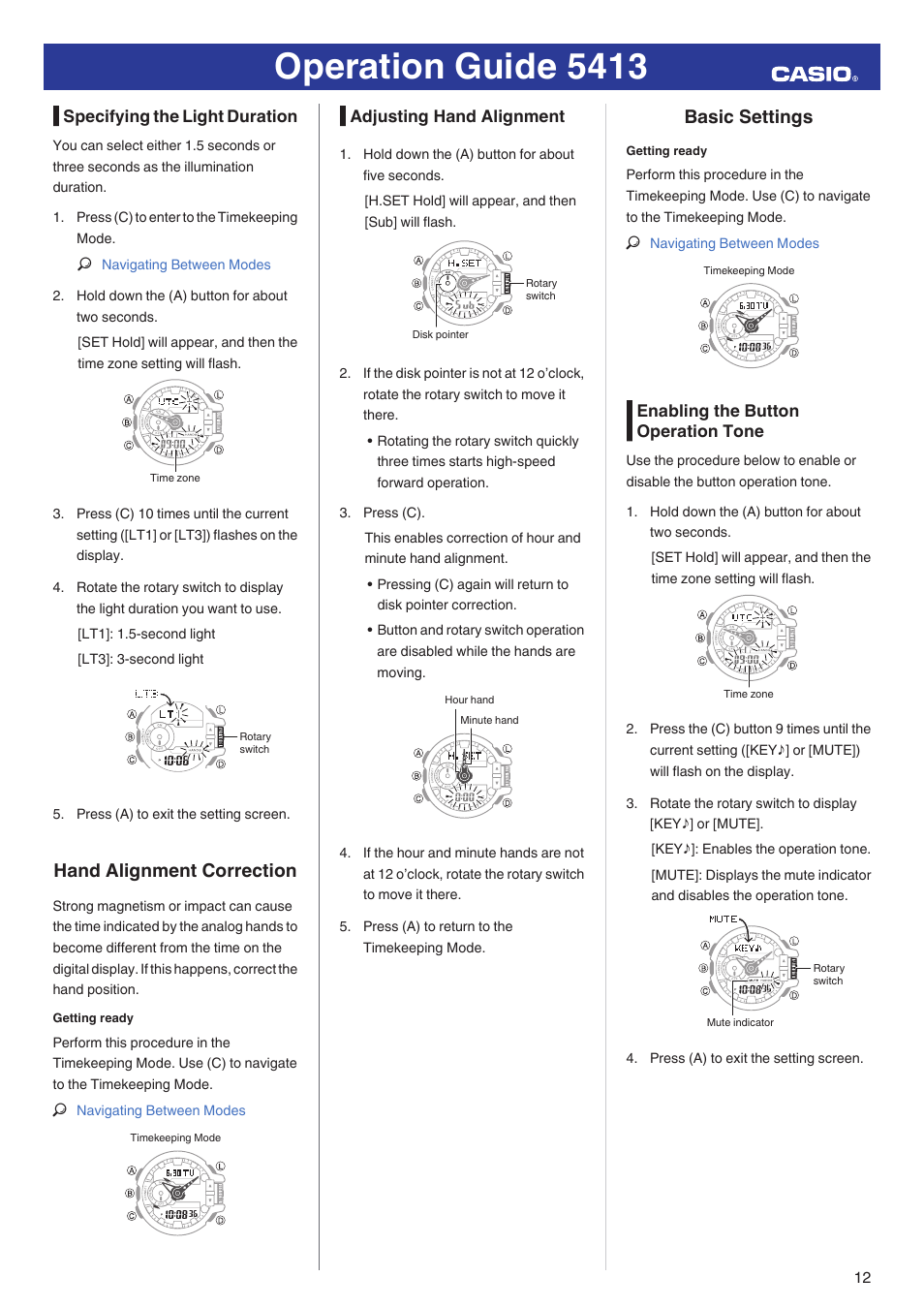 Specifying the light duration, Hand alignment correction, Adjusting hand alignment | Basic settings, Enabling the button operation tone, Operation guide 5413 | G-Shock GBA-400-1A User Manual | Page 12 / 18