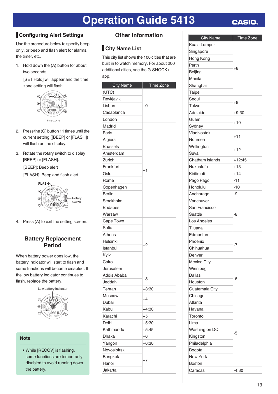 Configuring alert settings, Battery replacement period, Other information | City name list, Operation guide 5413 | G-Shock GBA-400-1A User Manual | Page 13 / 18