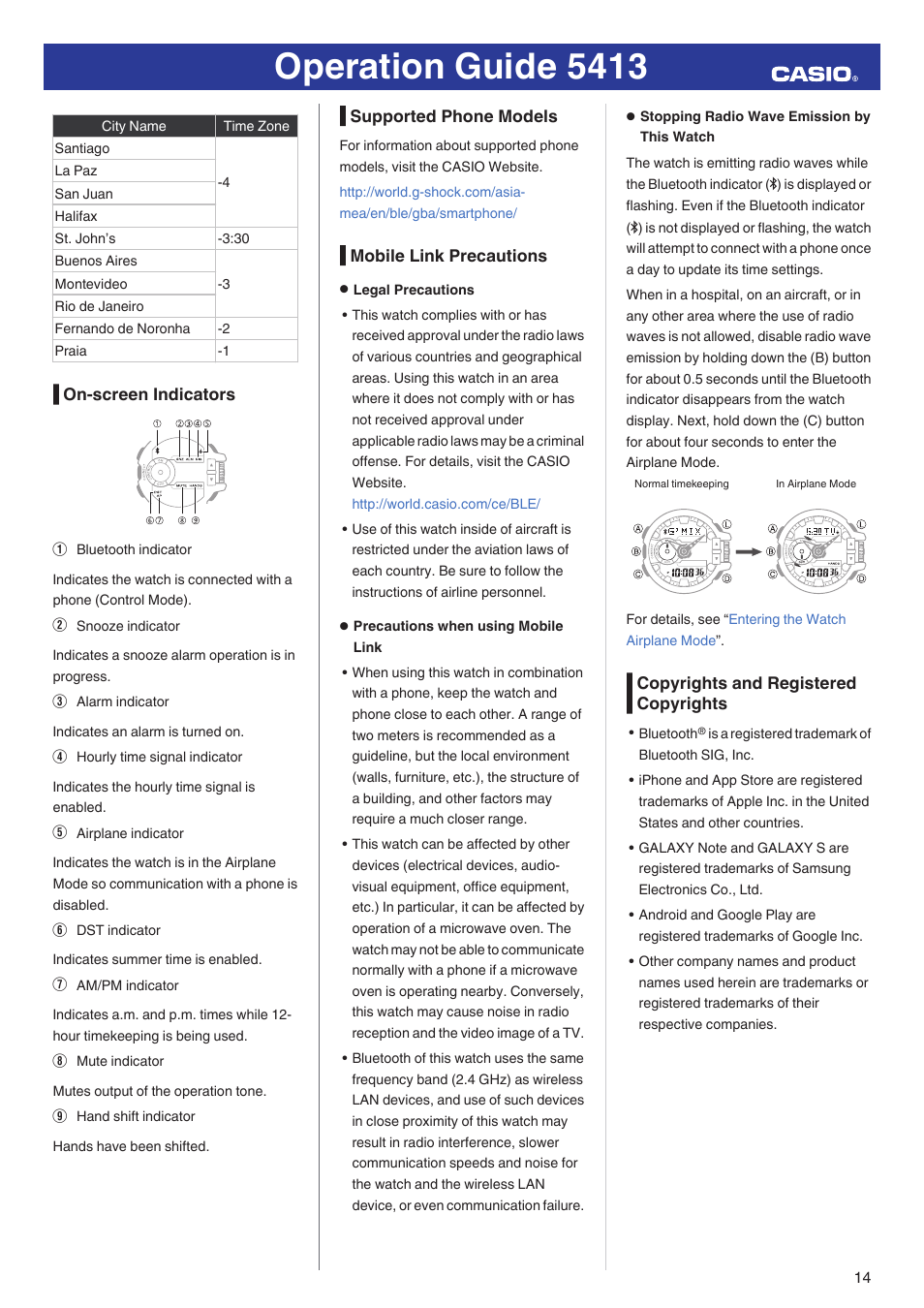 On-screen indicators, Supported phone models, Mobile link precautions | Copyrights and registered copyrights, Operation guide 5413 | G-Shock GBA-400-1A User Manual | Page 14 / 18