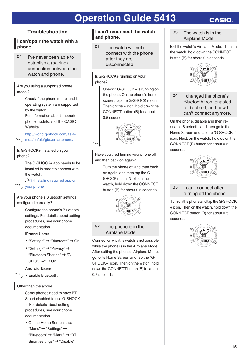 Troubleshooting, Operation guide 5413 | G-Shock GBA-400-1A User Manual | Page 15 / 18