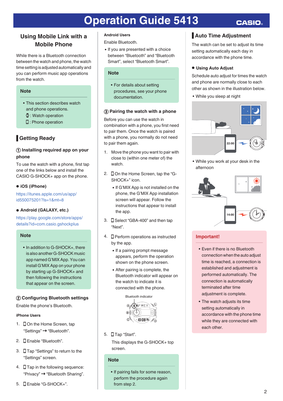 Using mobile link with a mobile phone, Getting ready, 1 installing required app on your phone | 2 configuring bluetooth settings, 3 pairing the watch with a phone, Auto time adjustment, Operation guide 5413 | G-Shock GBA-400-1A User Manual | Page 2 / 18