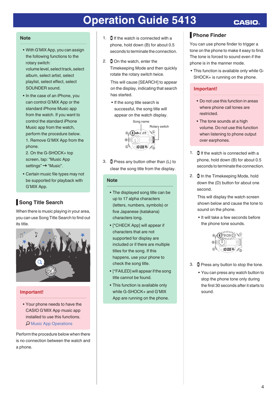 Song title search, Phone finder, Operation guide 5413 | G-Shock GBA-400-1A User Manual | Page 4 / 18