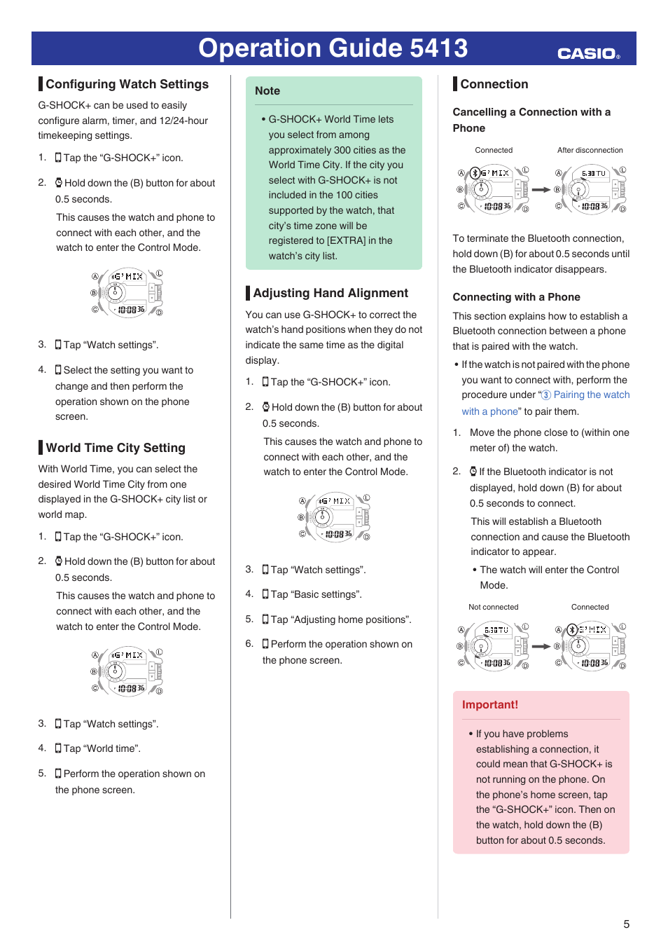 Configuring watch settings, World time city setting, Adjusting hand alignment | Connection, Cancelling a connection with a phone, Connecting with a phone, Operation guide 5413 | G-Shock GBA-400-1A User Manual | Page 5 / 18