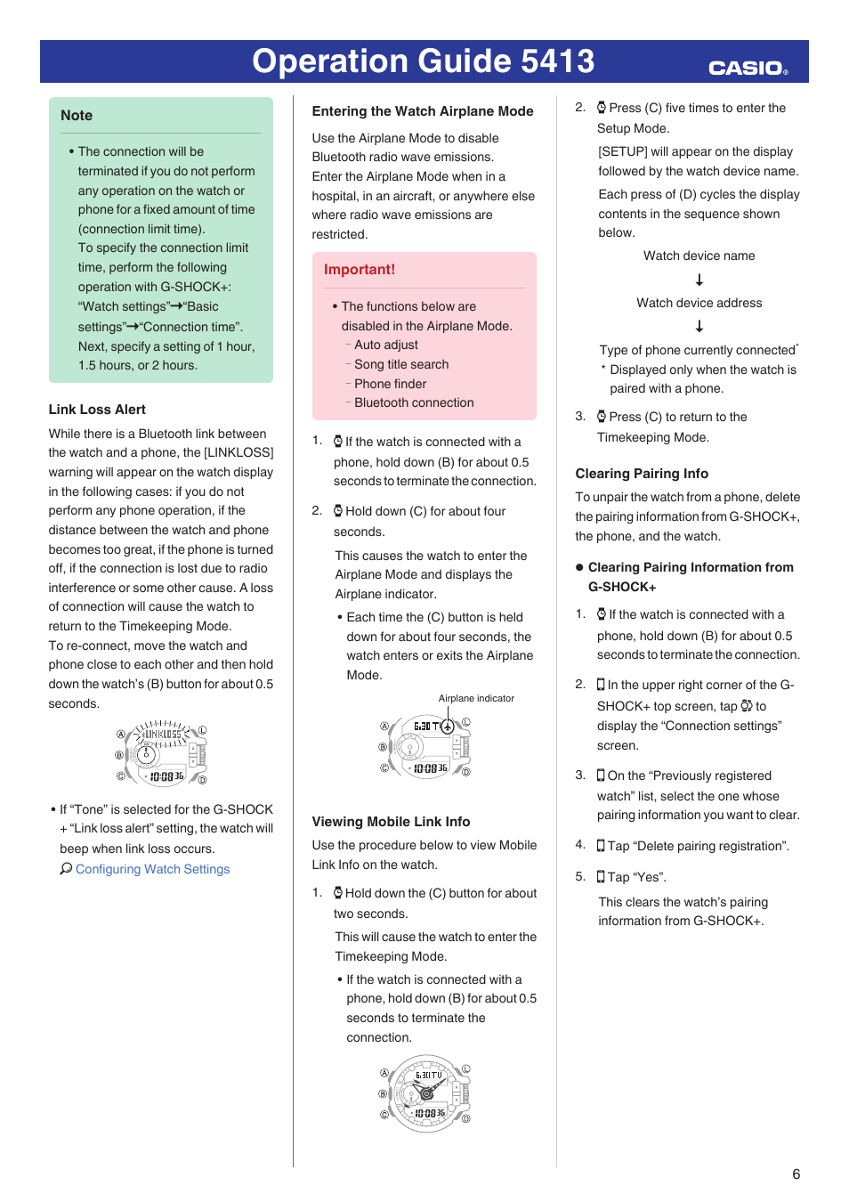 Link loss alert, Entering the watch airplane mode, Viewing mobile link info | Clearing pairing info, Operation guide 5413 | G-Shock GBA-400-1A User Manual | Page 6 / 18